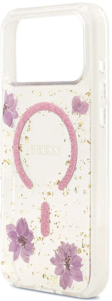Dėklas Guess Resin Flowers Glitter MagSafe iPhone 18 Pro Max / 17 Pro Max rožinė