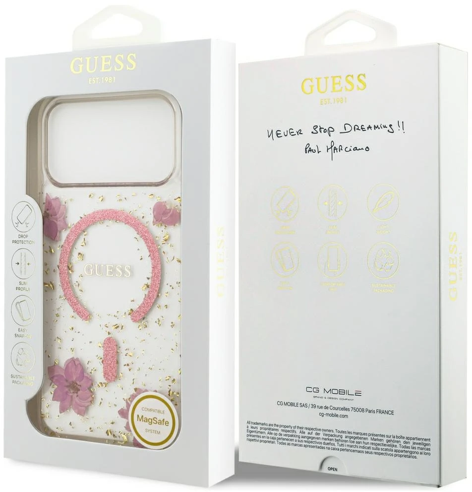 Dėklas Guess Resin Flowers Glitter MagSafe do iPhone 18 Pro / 17 Pro rožinė