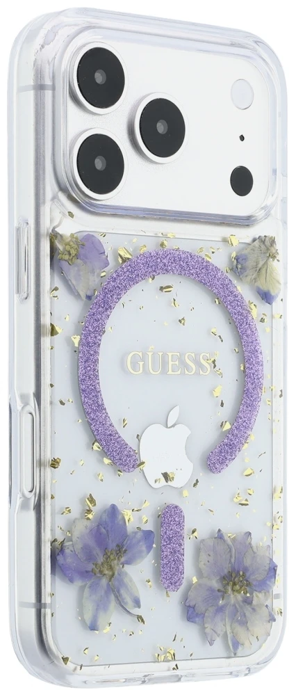 Dėklas Guess Resin Flowers Glitter MagSafe do iPhone 18 Pro Max / 17 Pro Max violetinė