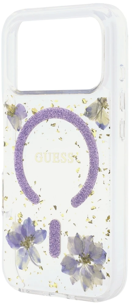 Dėklas Guess Resin Flowers Glitter MagSafe do iPhone 18 Pro Max / 17 Pro Max violetinė