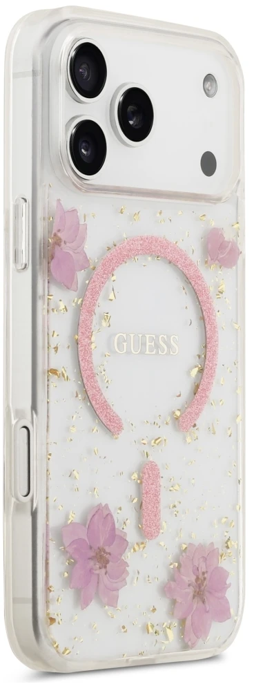 Dėklas Guess Resin Flowers Glitter MagSafe iPhone 18 Pro Max / 17 Pro Max rožinė