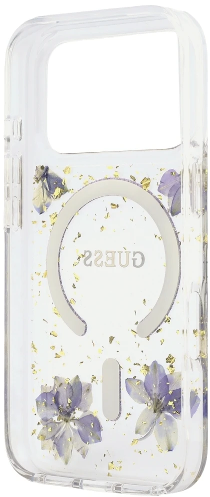 Dėklas Guess Resin Flowers Glitter MagSafe do iPhone 18 Pro Max / 17 Pro Max violetinė
