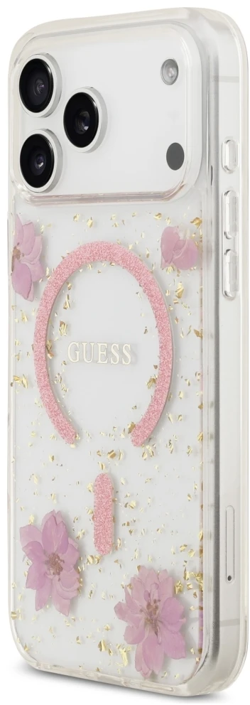 Dėklas Guess Resin Flowers Glitter MagSafe iPhone 18 Pro Max / 17 Pro Max rožinė