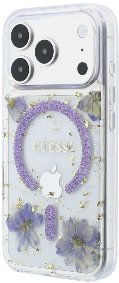 Dėklas Guess Resin Flowers Glitter MagSafe do iPhone 18 Pro Max / 17 Pro Max violetinė