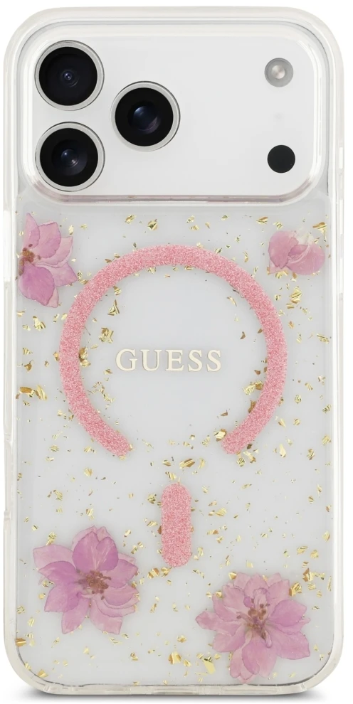 Dėklas Guess Resin Flowers Glitter MagSafe do iPhone 18 Pro / 17 Pro rožinė