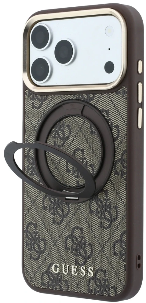 Guess Ring Stand 360 4G Classic Logo MagSafe dėklas, skirtas iPhone 18 Pro / 17 Pro, rudas