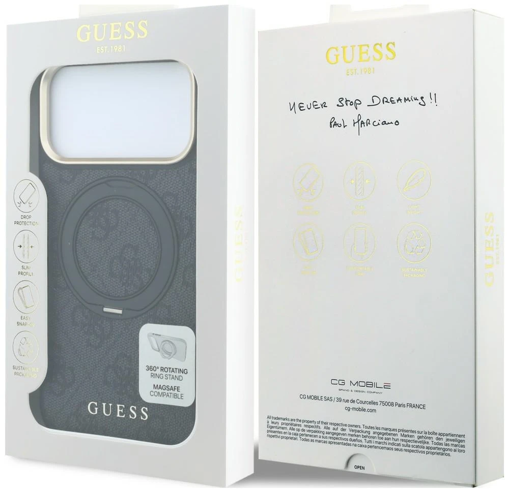 Dėklas Guess Ring Stand 360 4G Classic Logo MagSafe Case for iPhone 17 Pro / 18 Pro - Juodas