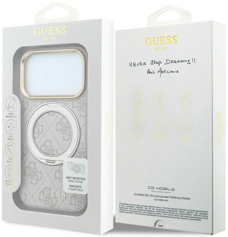 Dėklas Guess Ring Stand 360 4G Classic Logo MagSafe do iPhone 18 Pro Max / 17 Pro Max rožinė