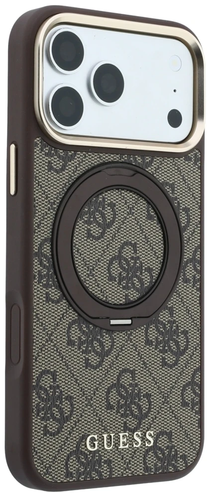 Guess Ring Stand 360 4G Classic Logo MagSafe dėklas, skirtas iPhone 18 Pro / 17 Pro, rudas