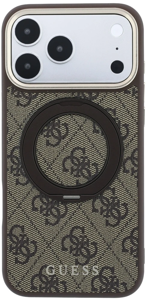 Guess Ring Stand 360 4G Classic Logo MagSafe dėklas, skirtas iPhone 18 Pro / 17 Pro, rudas