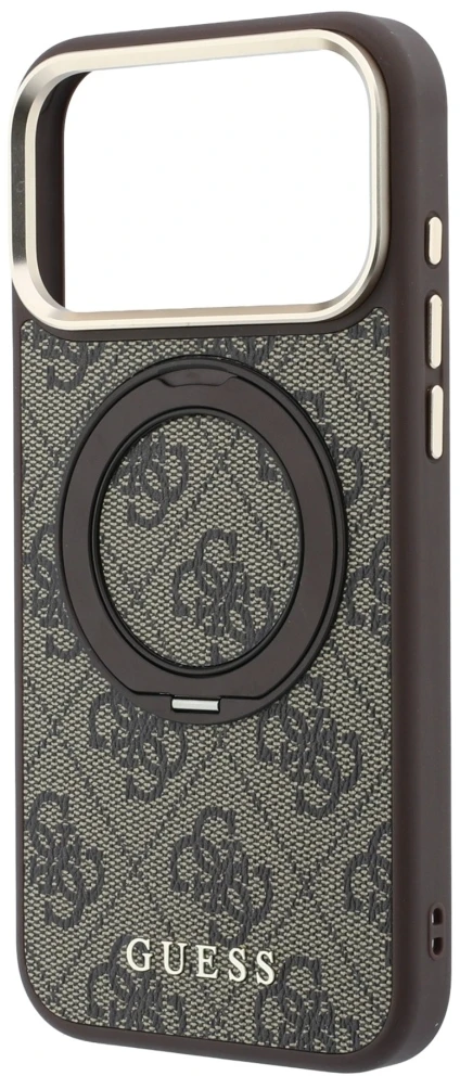 Guess Ring Stand 360 4G Classic Logo MagSafe dėklas, skirtas iPhone 18 Pro / 17 Pro, rudas