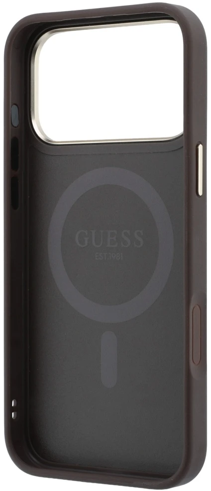 Guess Ring Stand 360 4G Classic Logo MagSafe dėklas, skirtas iPhone 18 Pro / 17 Pro, rudas