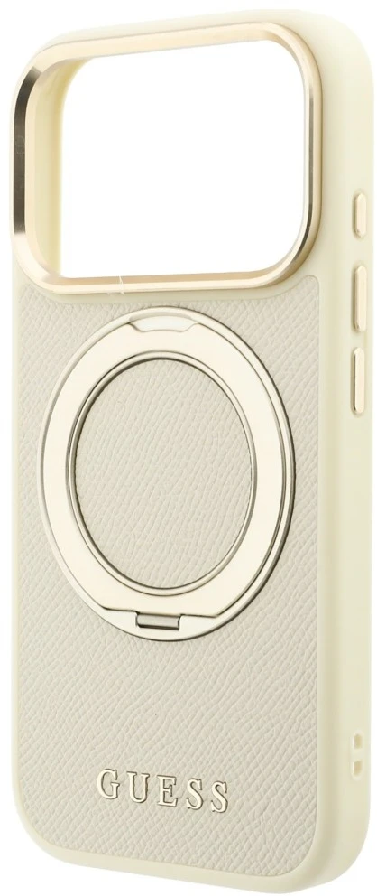 Dėklas Guess Ring Stand 360 Grained Classic Logo MagSafe do iPhone 18 Pro Max / 17 Pro Max smėlio spalva