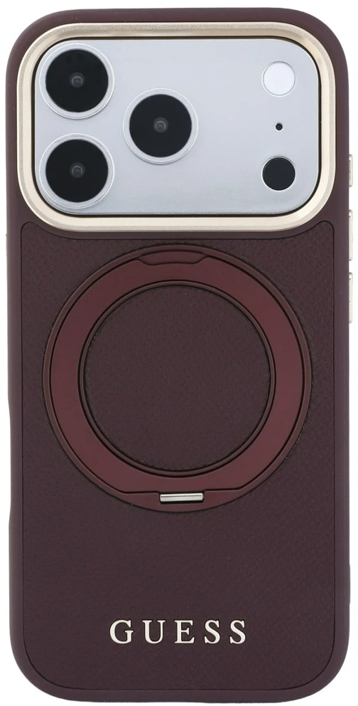 Dėklas Guess Ring Stand 360 Grained Classic Logo MagSafe do iPhone 18 Pro Max / 17 Pro Max bordo spalvos