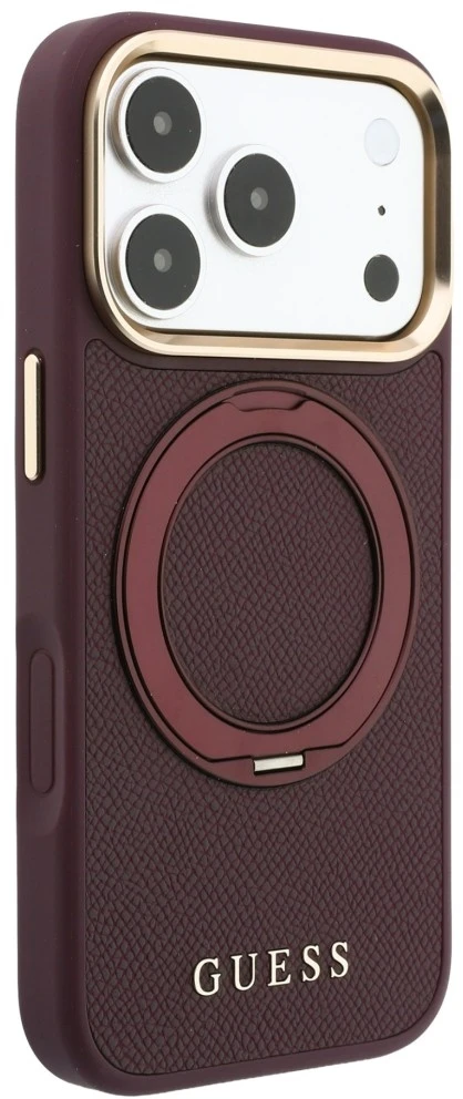Dėklas Guess Ring Stand 360 Grained Classic Logo MagSafe do iPhone 18 Pro Max / 17 Pro Max bordo spalvos
