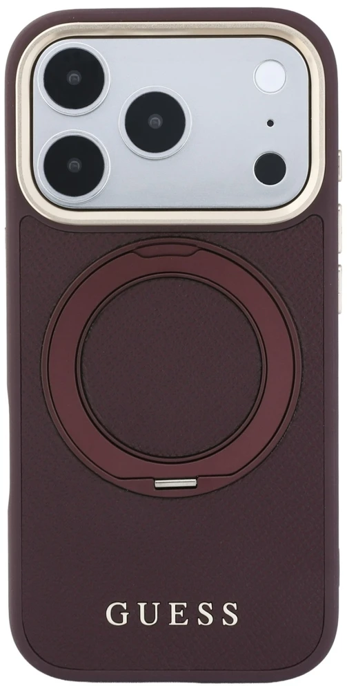 Dėklas Guess Ring Stand 360 Grained Classic Logo MagSafe do iPhone 18 Pro / 17 Pro bordo spalvos