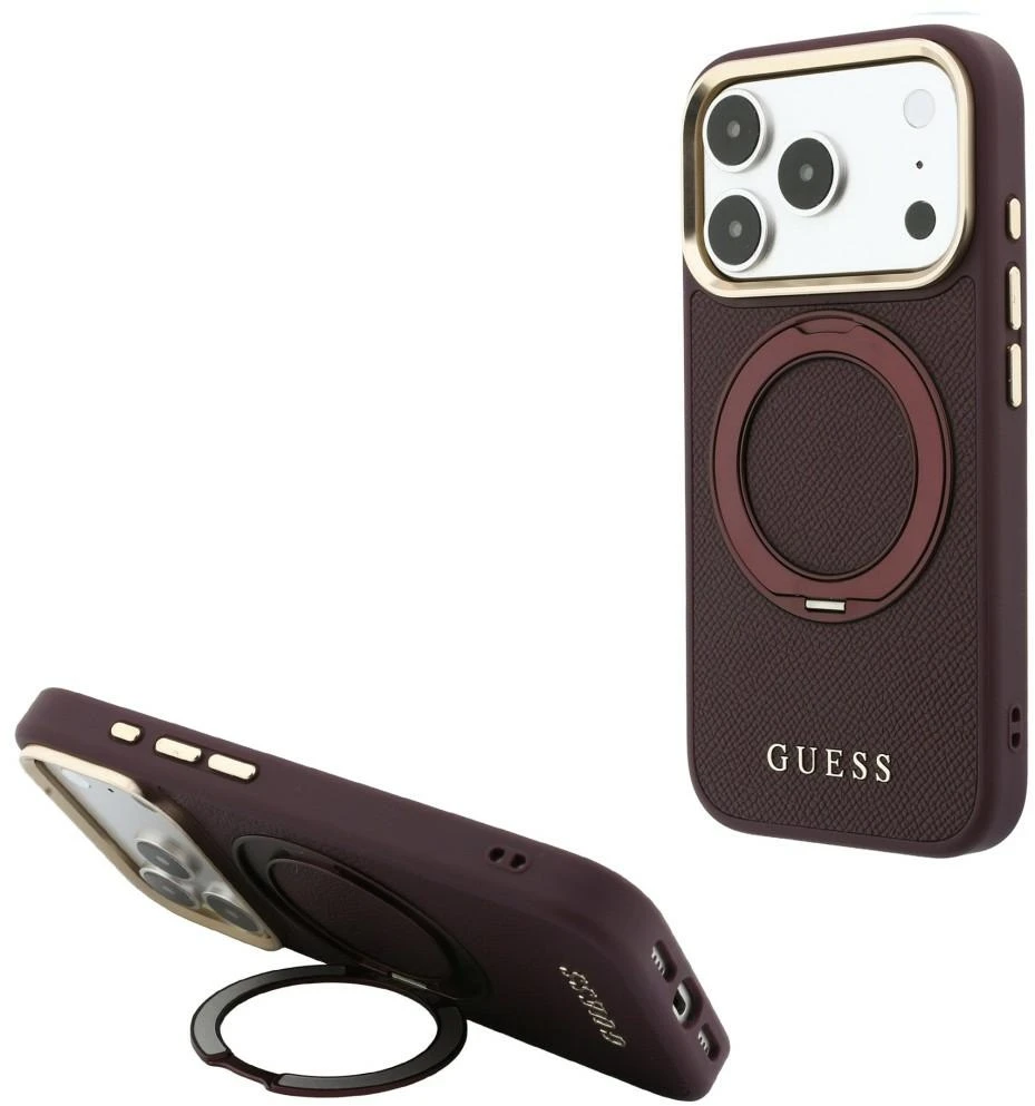 Dėklas Guess Ring Stand 360 Grained Classic Logo MagSafe do iPhone 18 Pro Max / 17 Pro Max bordo spalvos