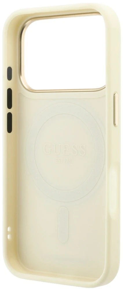 Dėklas Guess Ring Stand 360 Grained Classic Logo MagSafe do iPhone 18 Pro Max / 17 Pro Max smėlio spalva
