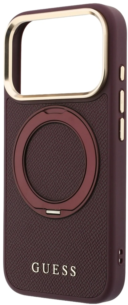 Dėklas Guess Ring Stand 360 Grained Classic Logo MagSafe do iPhone 18 Pro / 17 Pro bordo spalvos