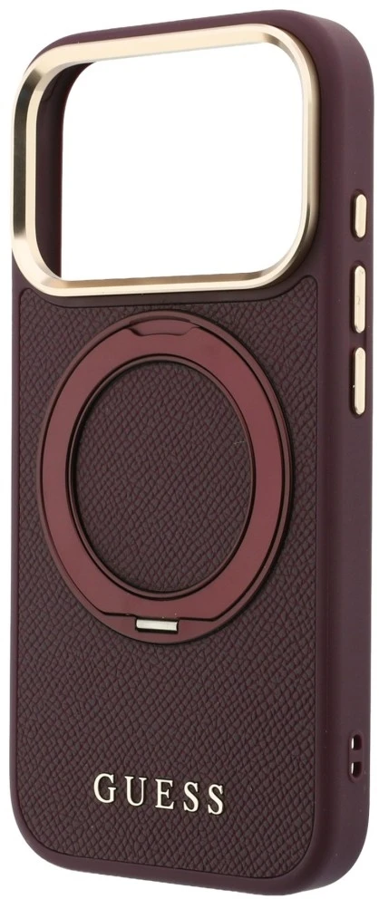 Dėklas Guess Ring Stand 360 Grained Classic Logo MagSafe do iPhone 18 Pro Max / 17 Pro Max bordo spalvos