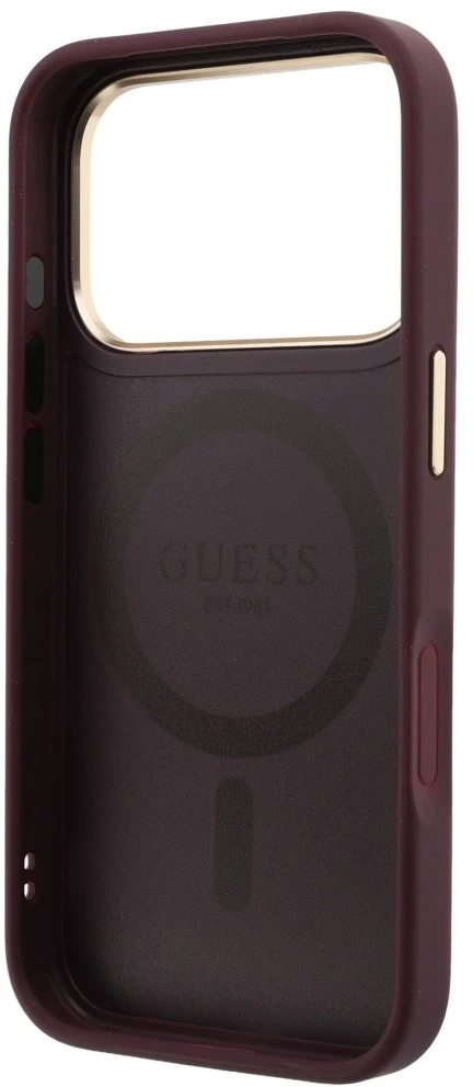 Dėklas Guess Ring Stand 360 Grained Classic Logo MagSafe do iPhone 18 Pro Max / 17 Pro Max bordo spalvos
