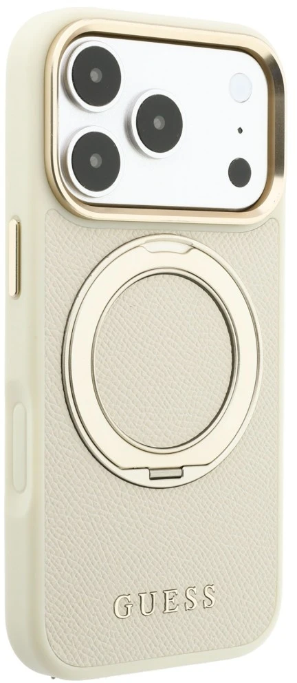 Dėklas Guess Ring Stand 360 Grained Classic Logo MagSafe do iPhone 18 Pro Max / 17 Pro Max smėlio spalva