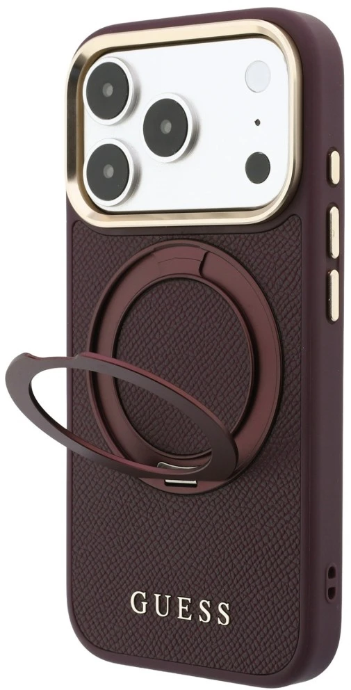 Dėklas Guess Ring Stand 360 Grained Classic Logo MagSafe do iPhone 18 Pro Max / 17 Pro Max bordo spalvos