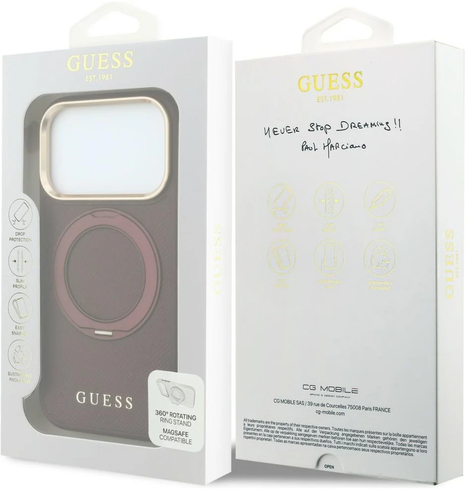 Dėklas Guess Ring Stand 360 Grained Classic Logo MagSafe do iPhone 18 Pro Max / 17 Pro Max bordo spalvos
