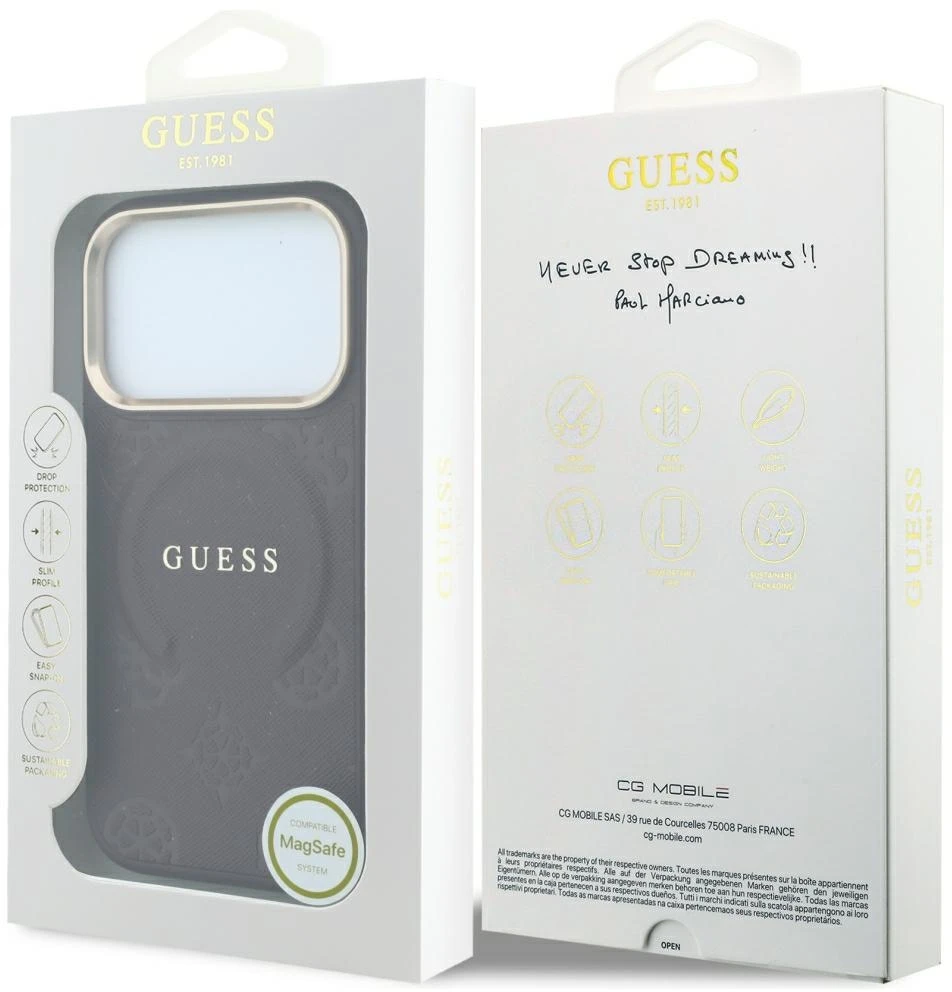 Dėklas Guess Saffiano Peony & Ring MagSafe do iPhone 18 Pro / 17 Pro bordo spalvos