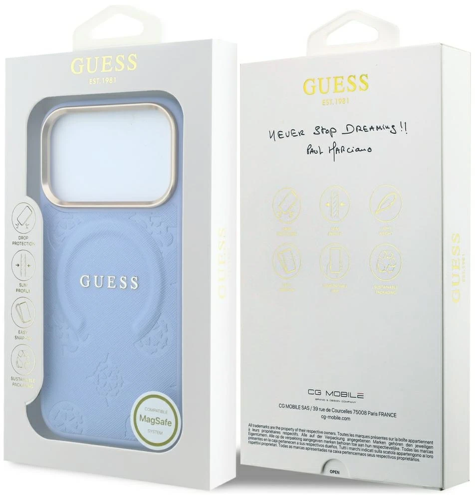 Dėklas Guess Saffiano Peony & Ring MagSafe do iPhone 18 Pro Max / 17 Pro Max Šviesiai mėlynas