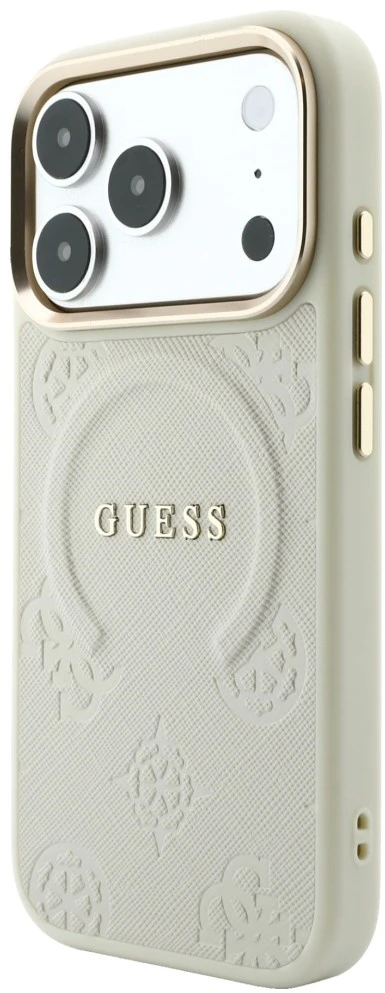 Dėklas Guess Saffiano Peony & Ring MagSafe do iPhone 18 Pro / 17 Pro smėlio spalva