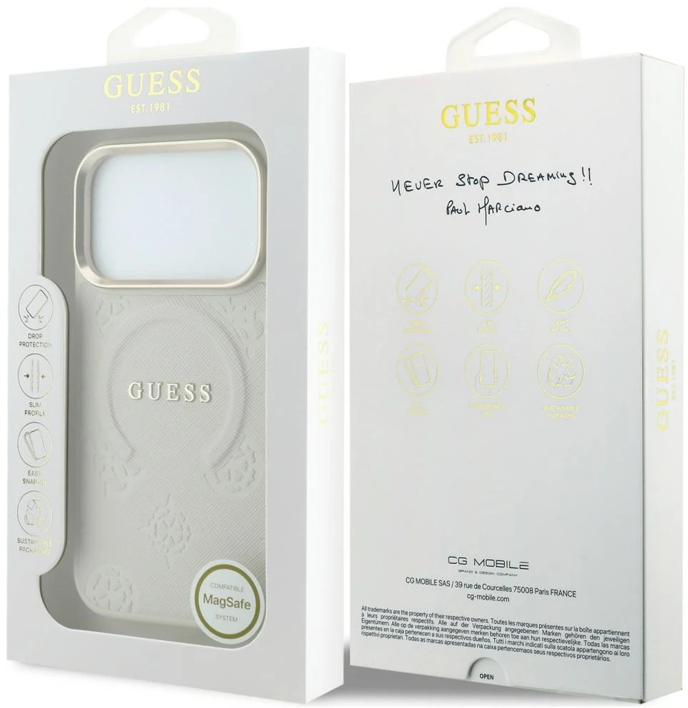 Dėklas Guess Saffiano Peony & Ring MagSafe do iPhone 18 Pro / 17 Pro smėlio spalva