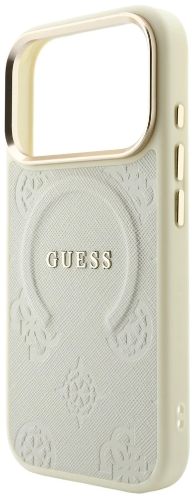 Dėklas Guess Saffiano Peony & Ring MagSafe do iPhone 18 Pro / 17 Pro smėlio spalva