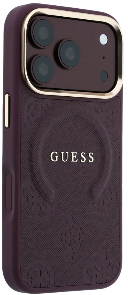 Dėklas Guess Saffiano Peony & Ring MagSafe do iPhone 18 Pro / 17 Pro bordo spalvos