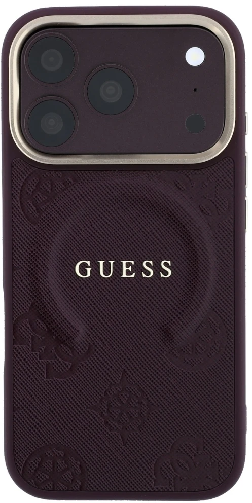 Dėklas Guess Saffiano Peony & Ring MagSafe do iPhone 18 Pro Max / 17 Pro Max bordo spalvos