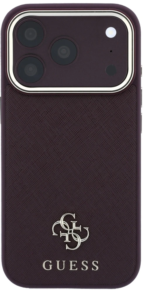 Dėklas Guess Saffiano Small 4G & Classic Logo MagSafe do iPhone 18 Pro / 17 Pro bordo spalvos