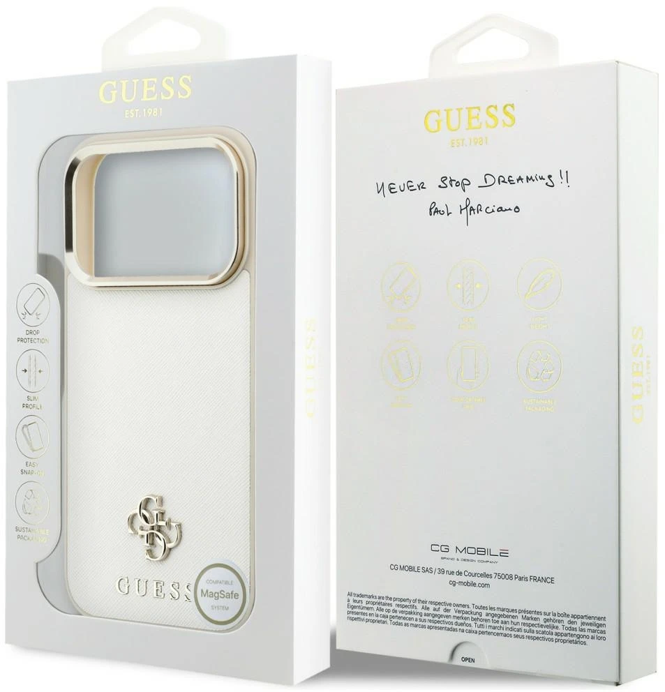 Dėklas Guess Saffiano Small 4G & Classic Logo MagSafe do iPhone 18 Pro Max / 17 Pro Max smėlio spalva
