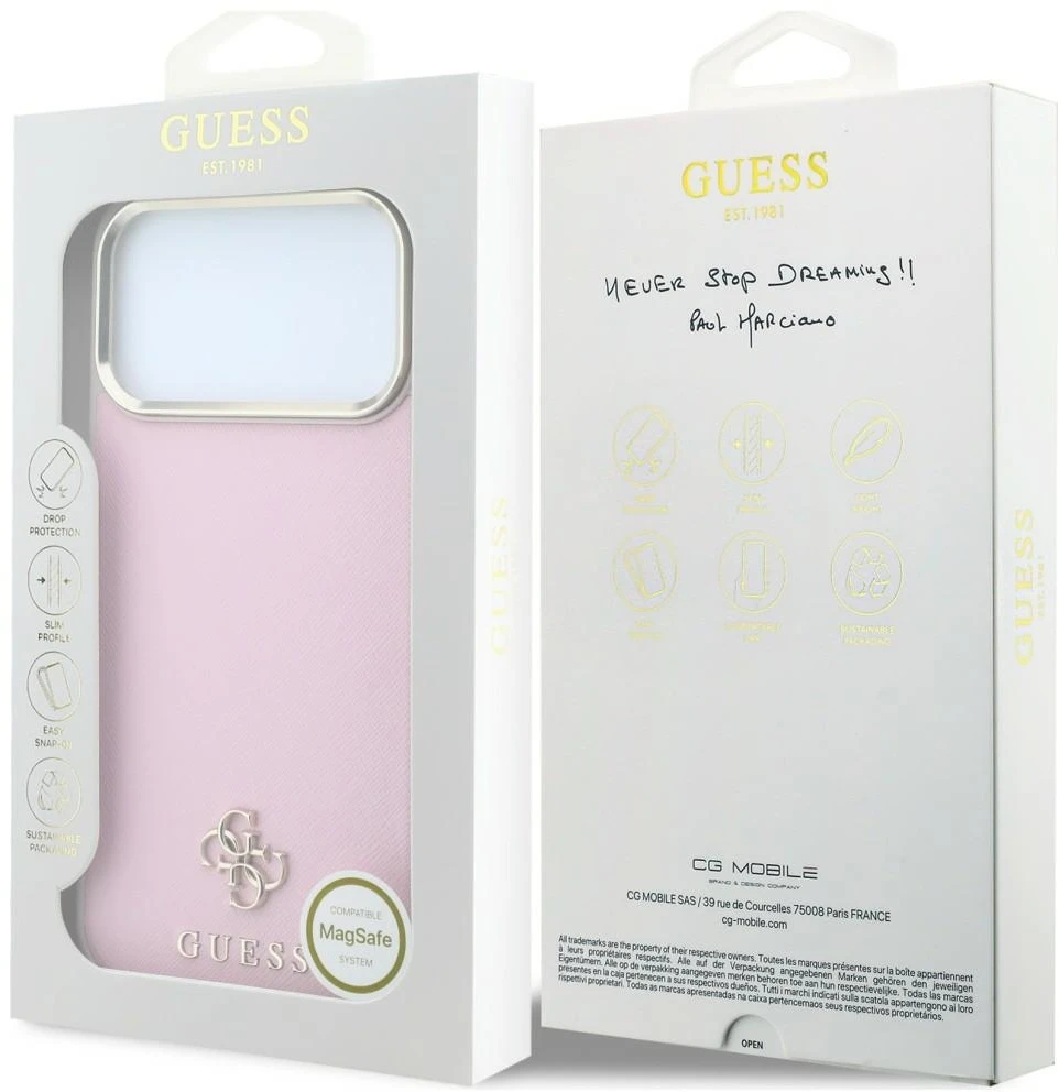 Dėklas Guess Saffiano Small 4G & Classic Logo MagSafe do iPhone 18 Pro / 17 Pro rožinė