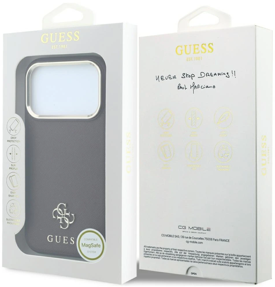 Dėklas Guess Saffiano Small 4G & Classic Logo MagSafe do iPhone 18 Pro / 17 Pro bordo spalvos