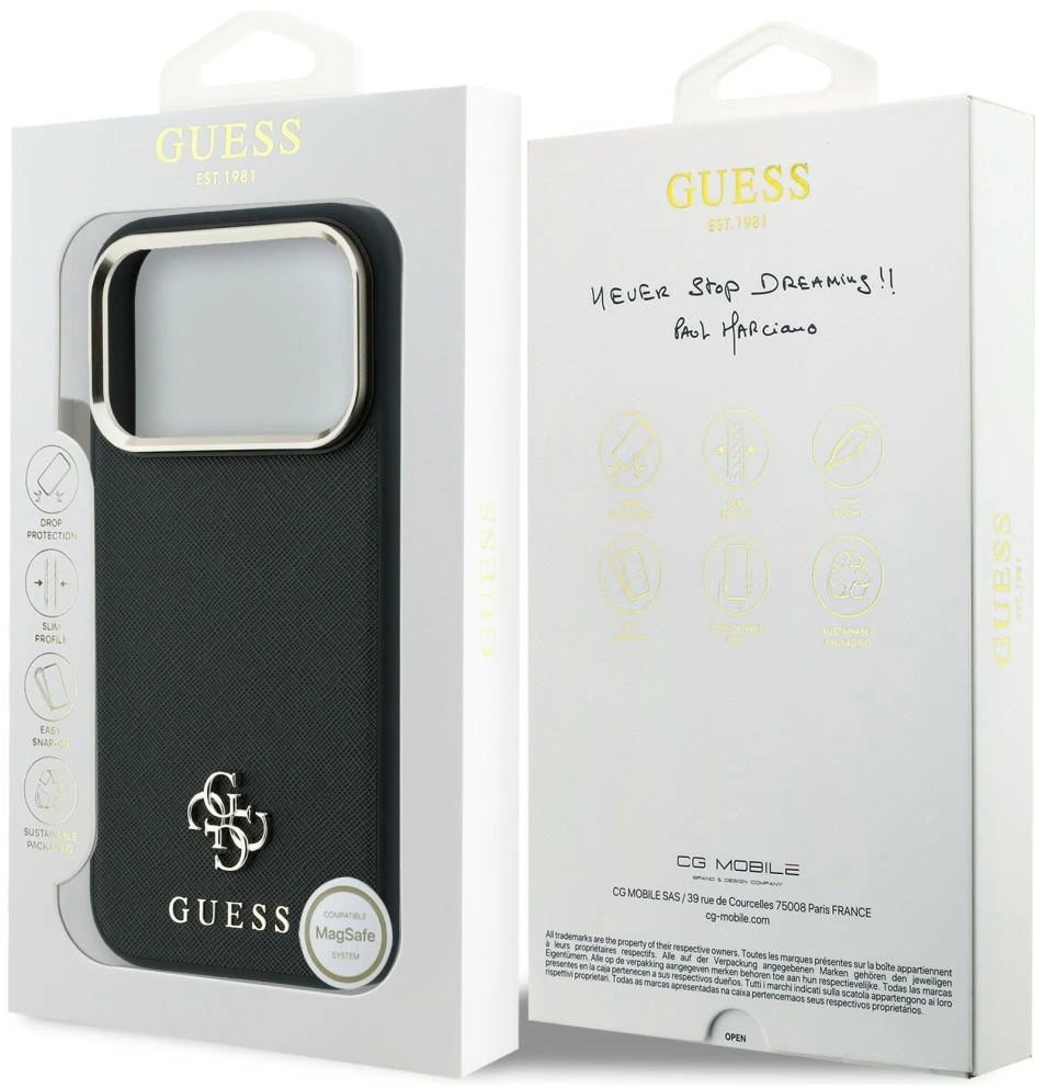 Dėklas Guess Saffiano Small 4G & Classic Logo MagSafe do iPhone 18 Pro Max / 17 Pro Max juoda