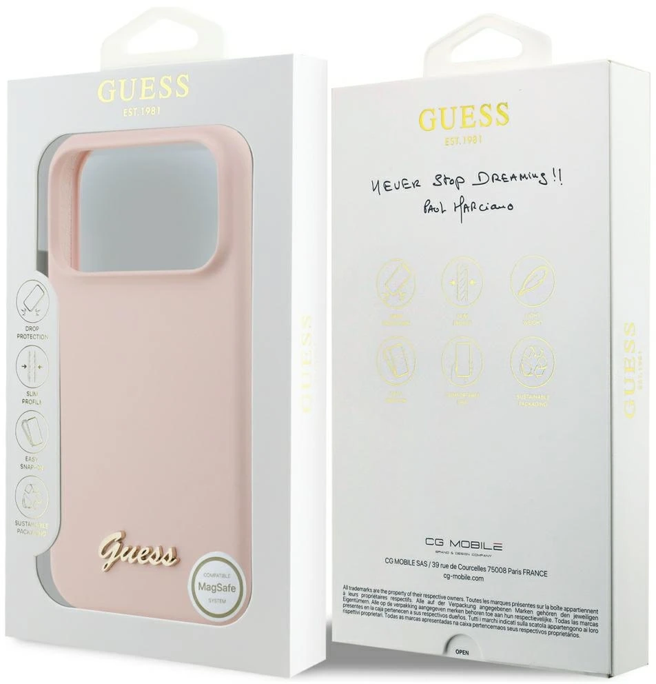 Dėklas Cg Mobile Sas Guess Silicone Script Metal Logo MagSafe case for Iphone 18 Pro Max / iPhone 17 Pro Max pink