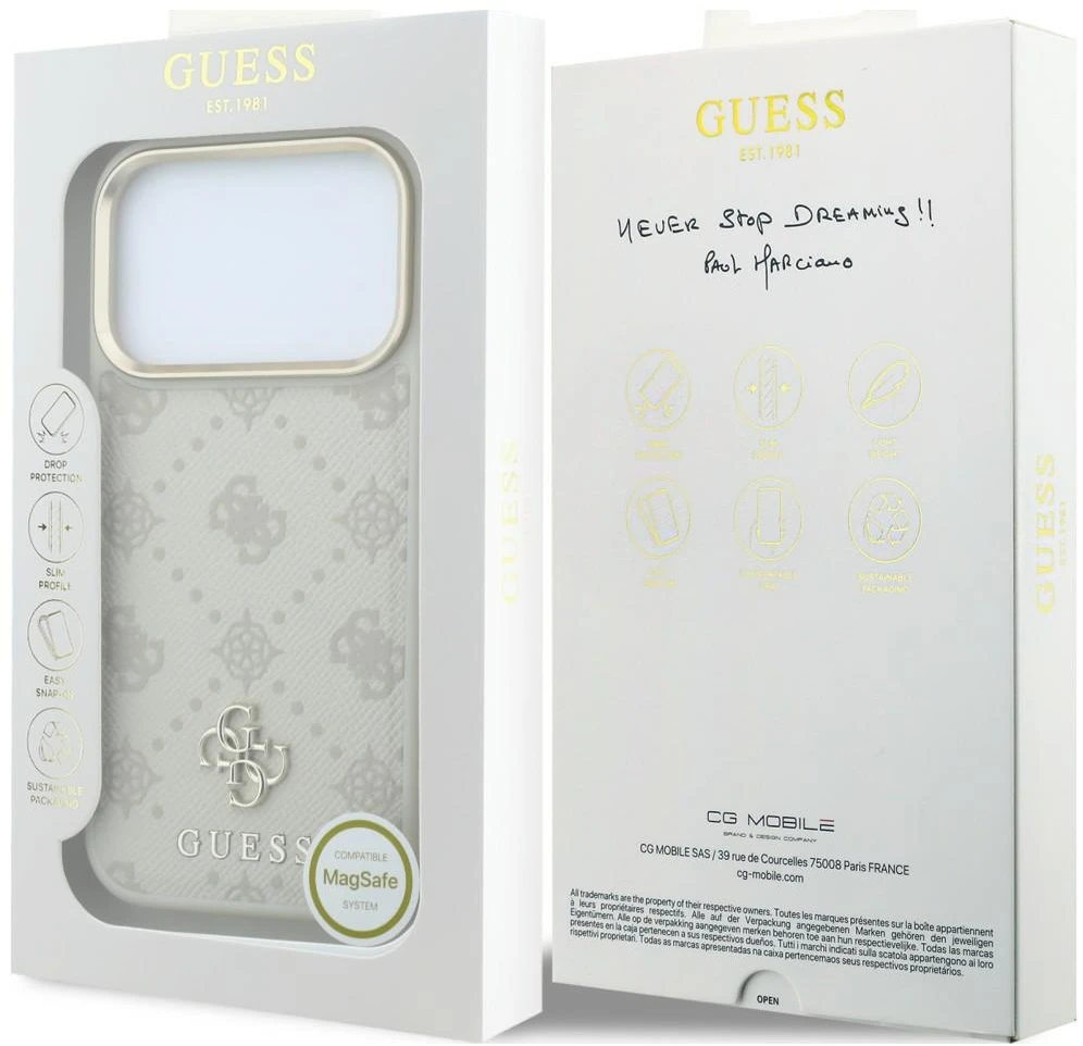 Dėklas Guess Stripe Peony 4G Logo MagSafe do iPhone 18 Pro / 17 Pro smėlio spalva