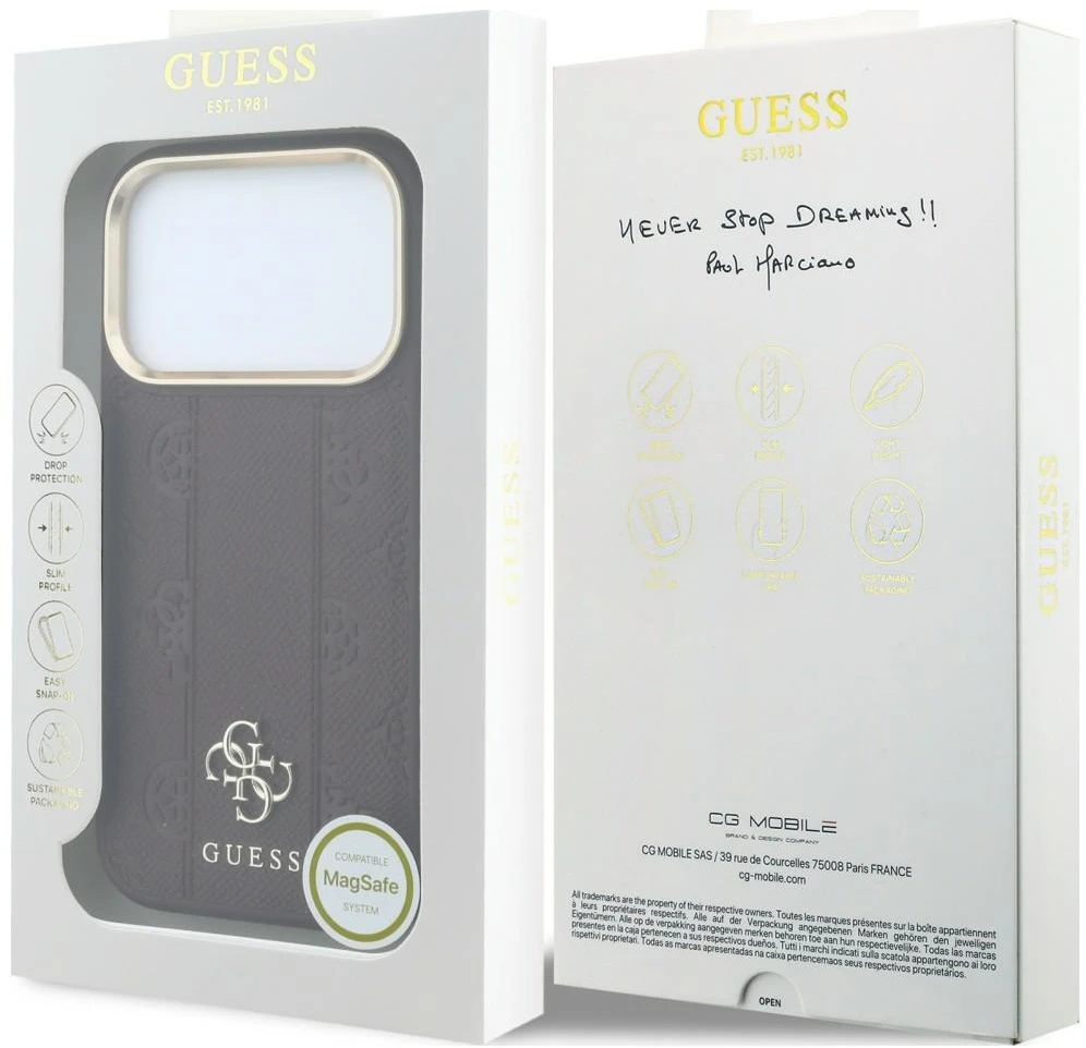 Dėklas Guess Stripe Peony 4G Logo MagSafe do iPhone 18 Pro / 17 Pro bordo spalvos