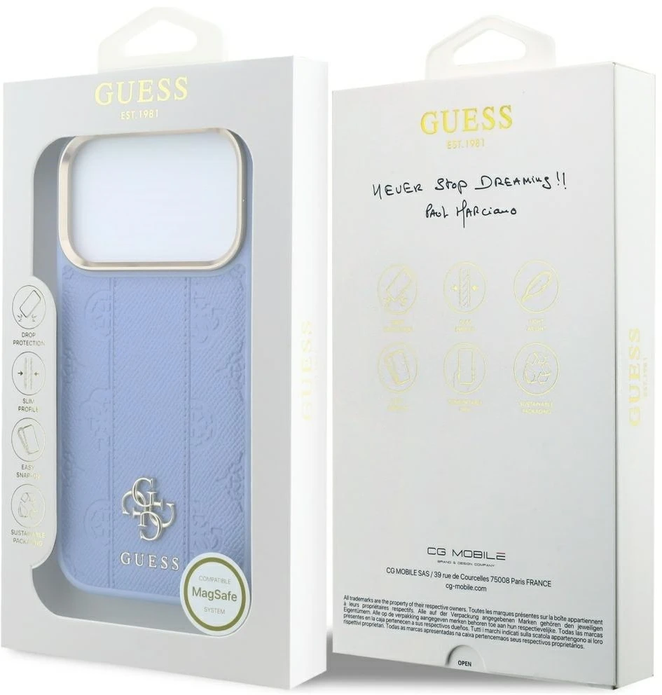 Dėklas Guess Stripe Peony 4G Logo MagSafe do iPhone 18 Pro / 17 Pro Šviesiai mėlynas