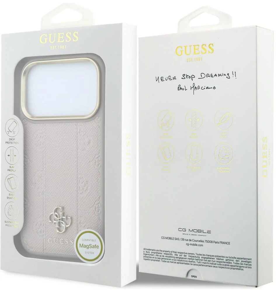 Dėklas Guess Stripe Peony 4G Logo MagSafe skirtas Iphone 18 Pro Max/ 17 Pro Max rožinės spalvos