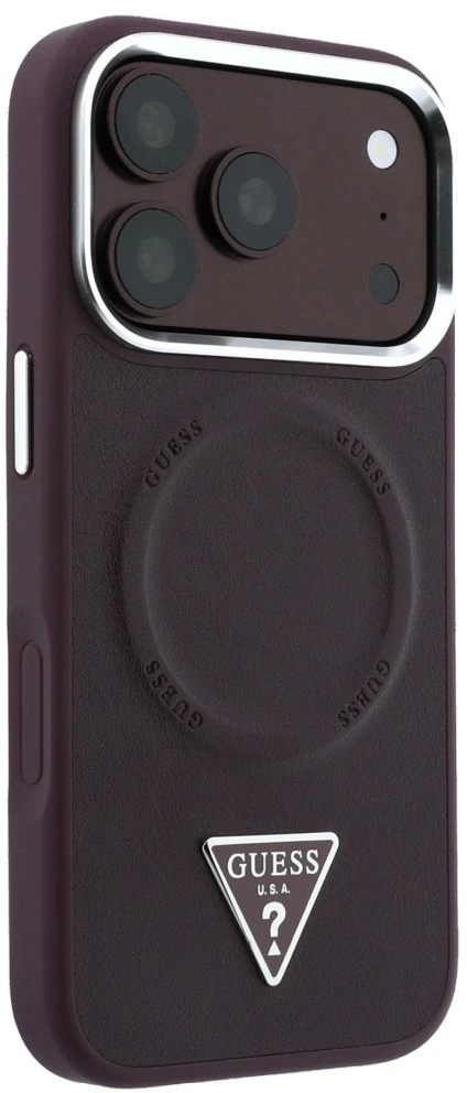 Dėklas Guess Triangle Logo MagSafe skirtas iPhone 18 Pro / 17 Pro bordo spalvos