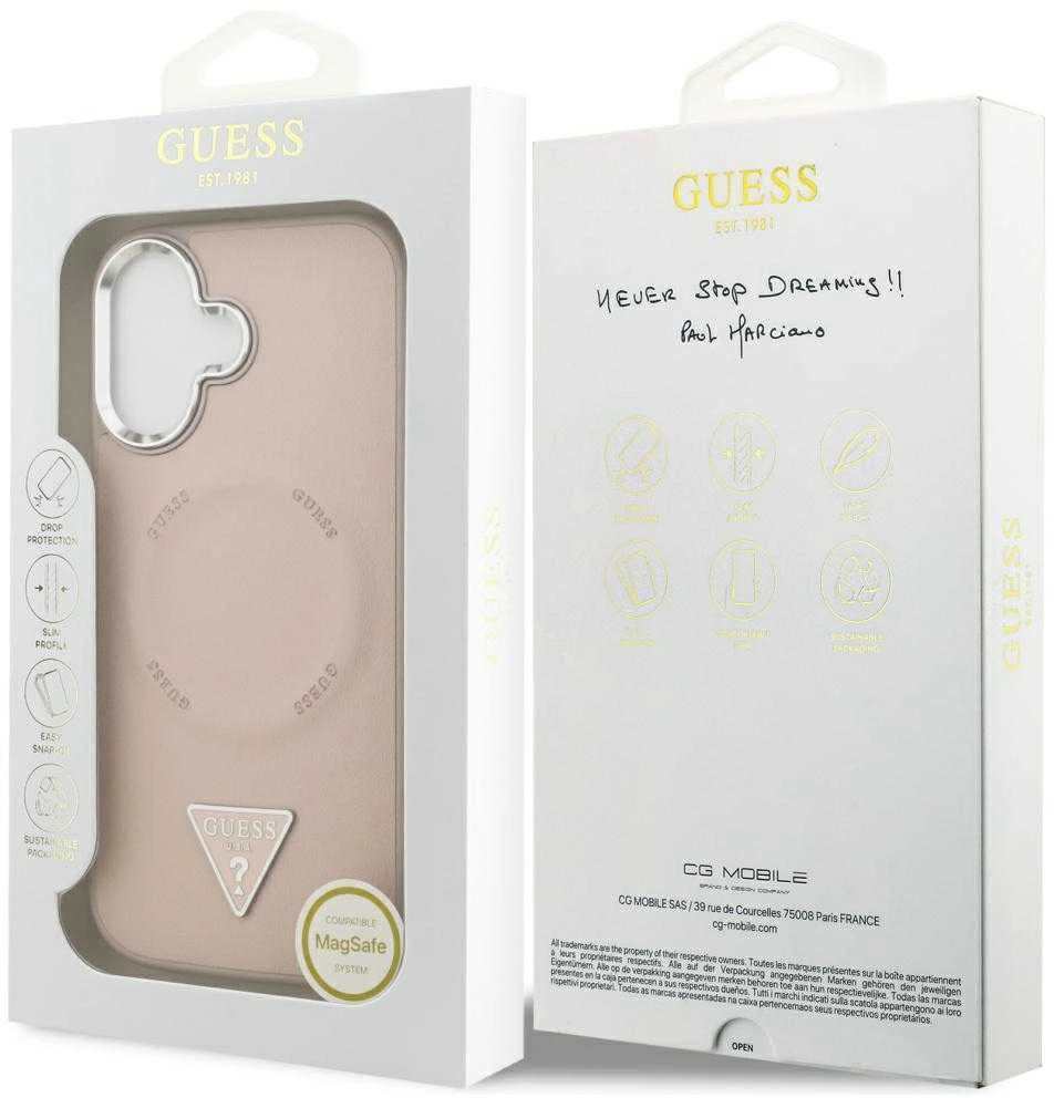 Guess PU Leather Triangle Logo MagSafe dėklas skirtas Apple iPhone 17 rožinės spalvos