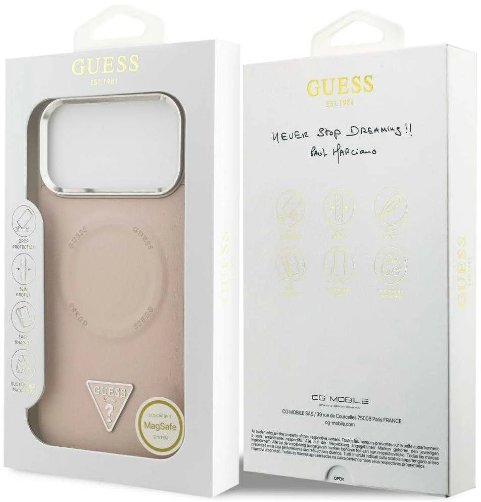 Guess PU Leather Triangle Logo MagSafe dėklas skirtas Apple iPhone 17 Pro Max rožinės spalvos