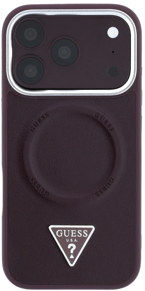 Dėklas Guess Triangle Logo MagSafe skirtas iPhone 18 Pro / 17 Pro bordo spalvos