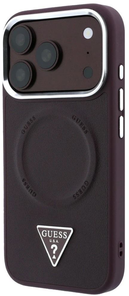 Dėklas Guess Triangle Logo MagSafe skirtas iPhone 18 Pro / 17 Pro bordo spalvos